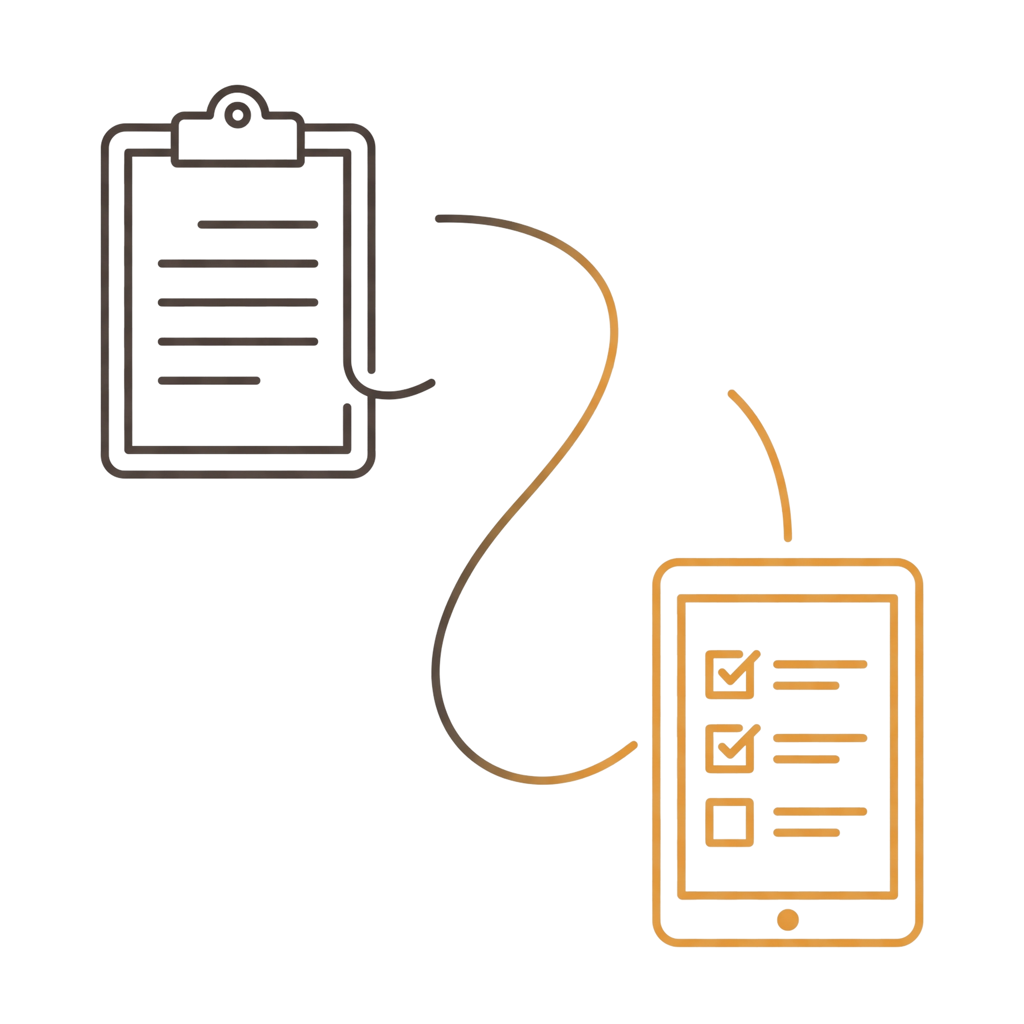 Line illustration of a clipboard connected to a tablet checklist